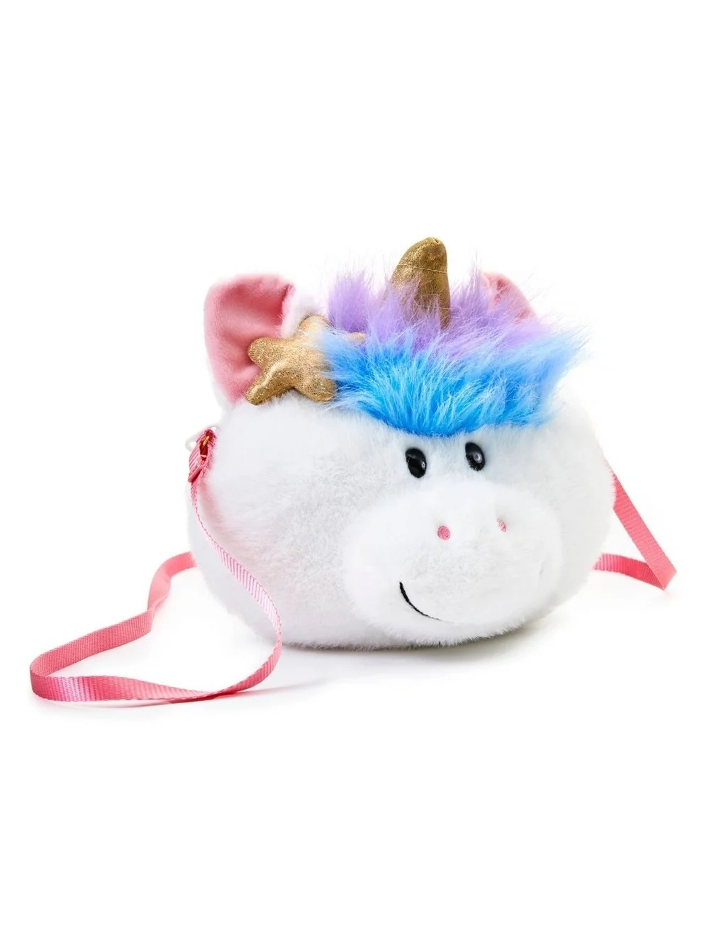 FAO Schwarz White Unicorn Plush Crossbody Bag with Pastel Blue & Lavender Mane
